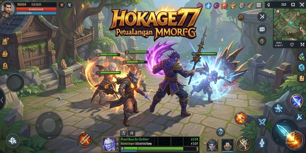 Gameplay HOKAGE77 menampilkan pertempuran seru di dunia MMORPG yang luas.