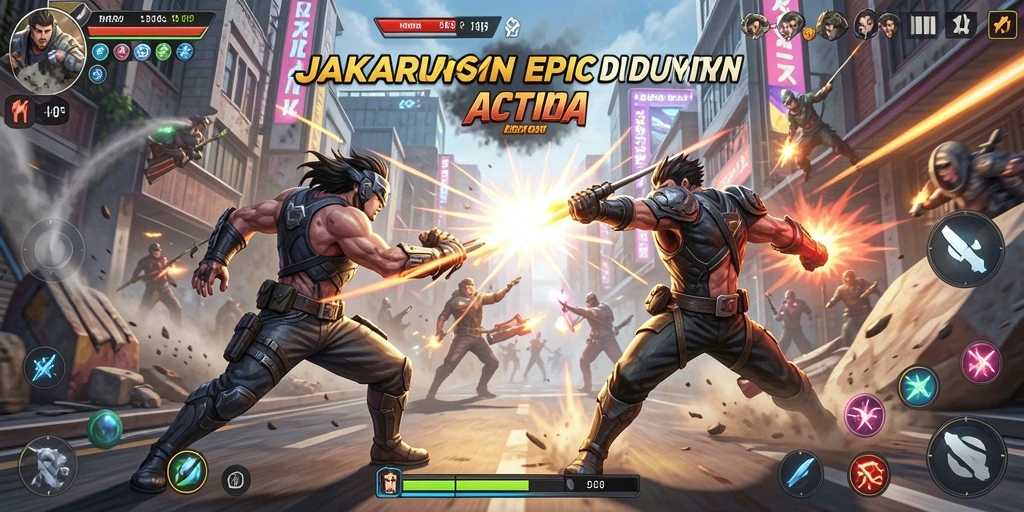 Tangkapan layar utama JAKARTAWIN yang menunjukkan pertarungan mendebarkan.