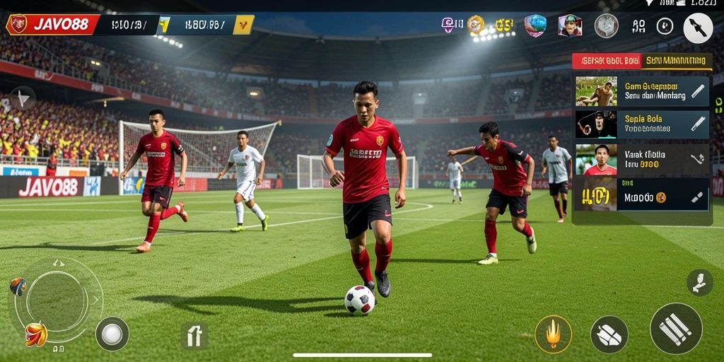 Screenshot gameplay JAVO88 menampilkan aksi seru di lapangan sepak bola.