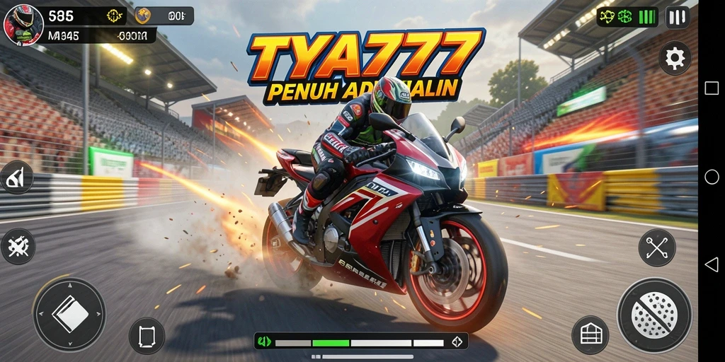 Tampilan gameplay menegangkan di TYA777 dengan motor balap yang cepat.